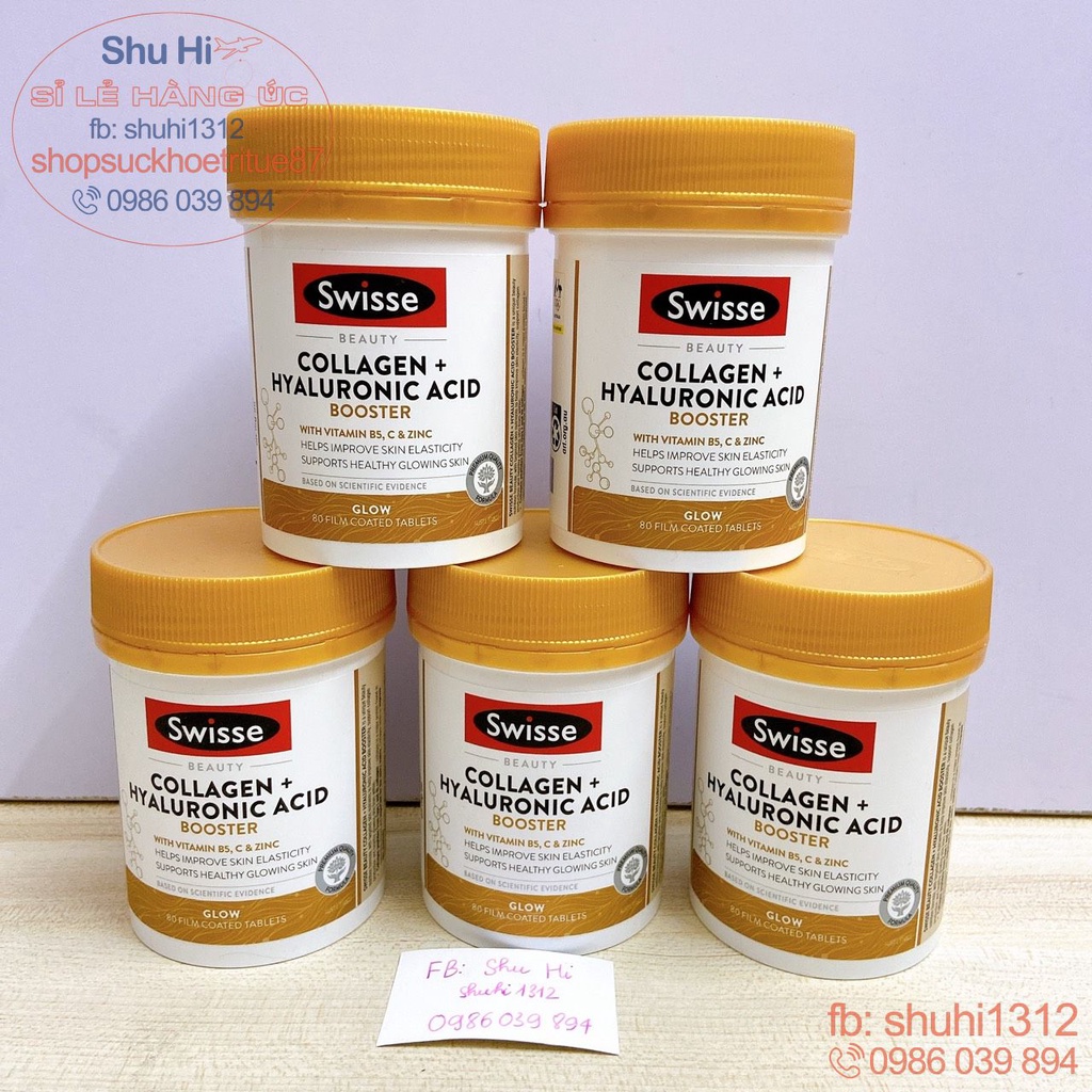 Viên uống bổ sung collagen cấp nước, cấp ẩm, trắng da Swisse beauty collagen hyaluronic acid Booster 80 viên, Úc