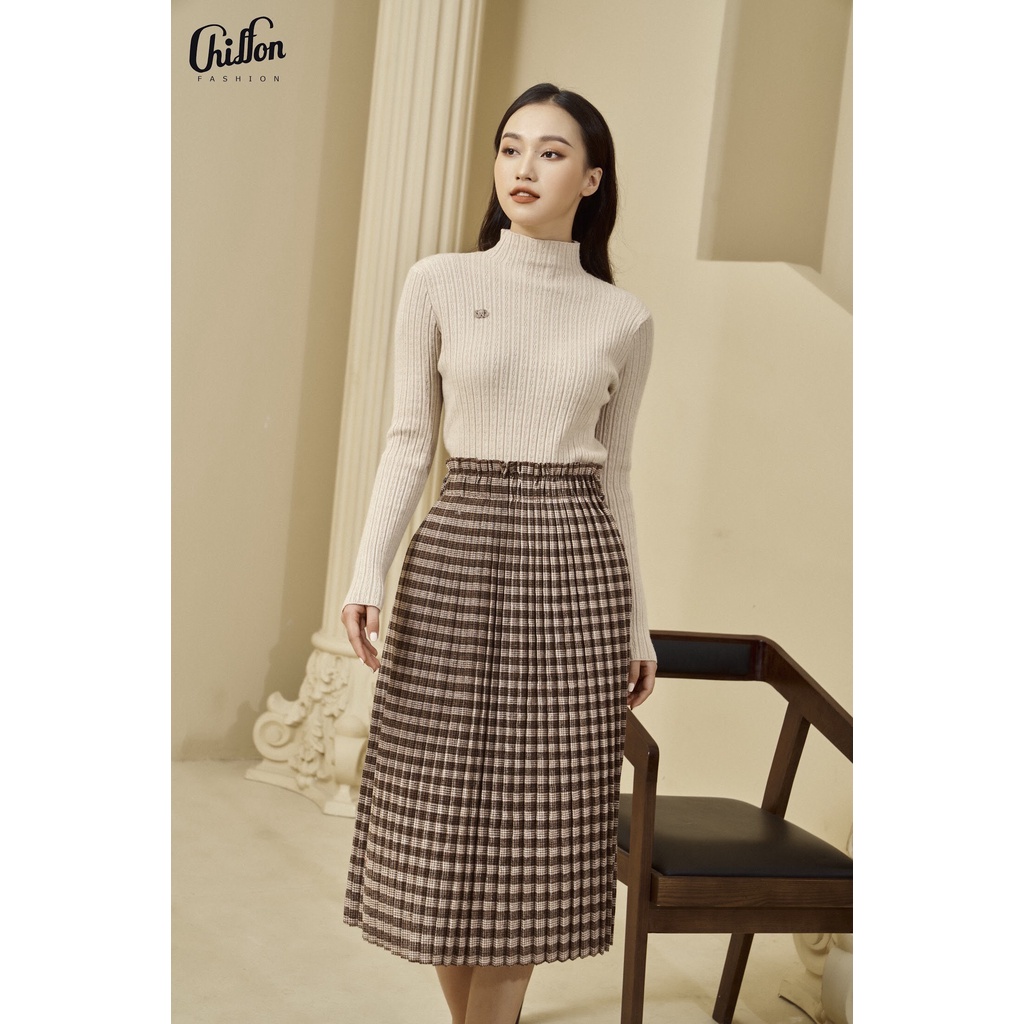 Chân váy dạ kẻ xếp ly dáng dài kem đai thiết kế by Chiffon (freesize) | BigBuy360 - bigbuy360.vn