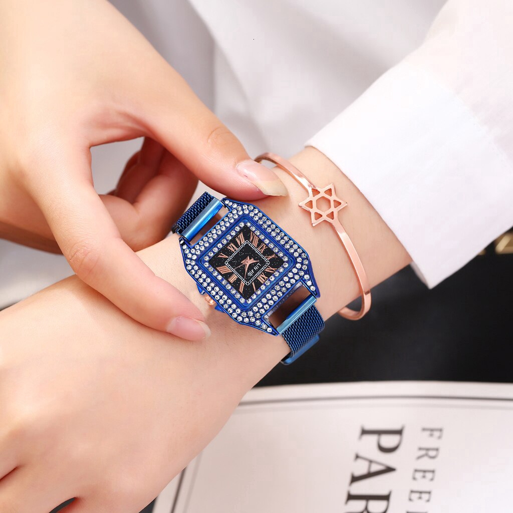 Đồng hồ đeo tay mặt vuông phối khóa nam châm bằng thép không gỉ