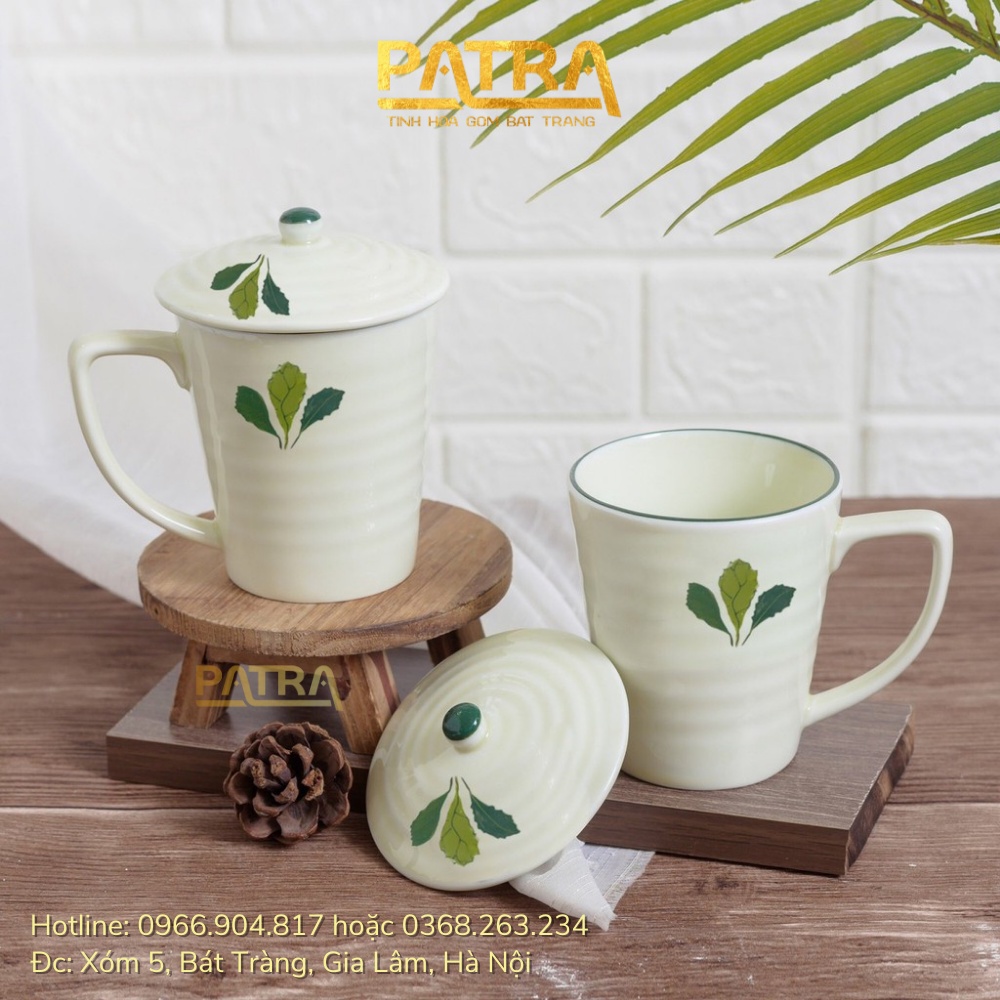 Cốc sứ có nắp, ly sứ men kem Bát Tràng cao cấp, cốc uống nước có quai 350ml nhiều mẫu lựa chọn