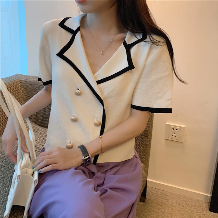 Áo kiểu Áo croptop màu trơn ngắn tay dệt kim hai cột nút đối xứng