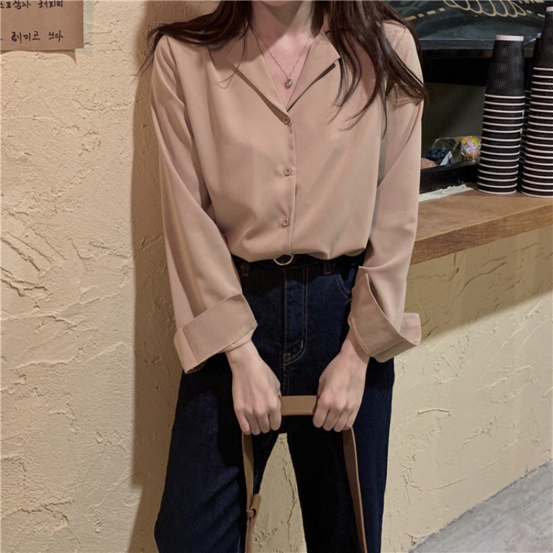 Áo Sơ Mi Nữ Tay Dài, Sơ Mi Form Rộng Oversize Phong Cách Vintage Màu Trơn Cơ Bản Đi Chơi Đi Làm Đều Thích Hợp.