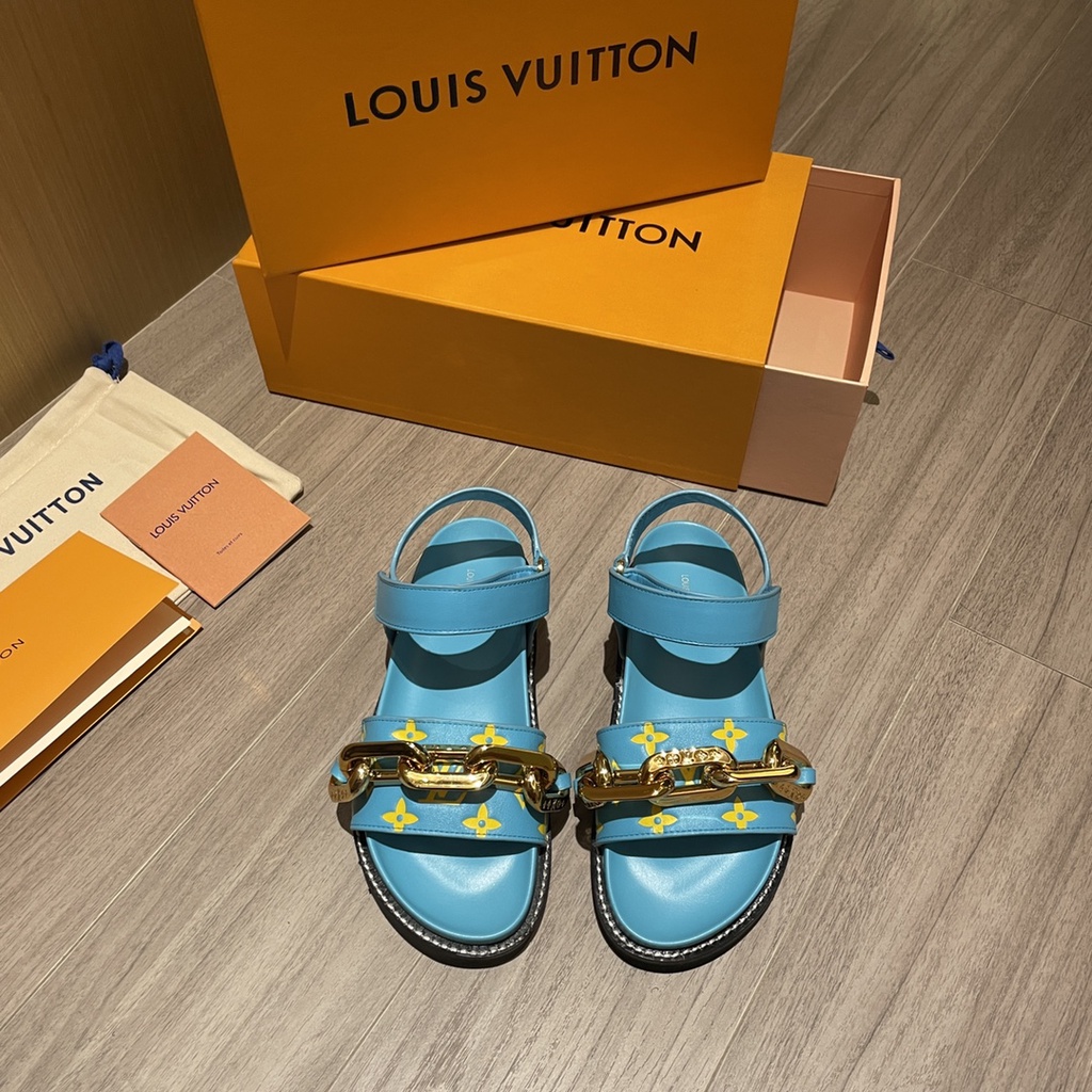 Sandal nữ da thật cao cấp Louis Vuitton LV với họa tiết dây xích nổi bật, cá tính