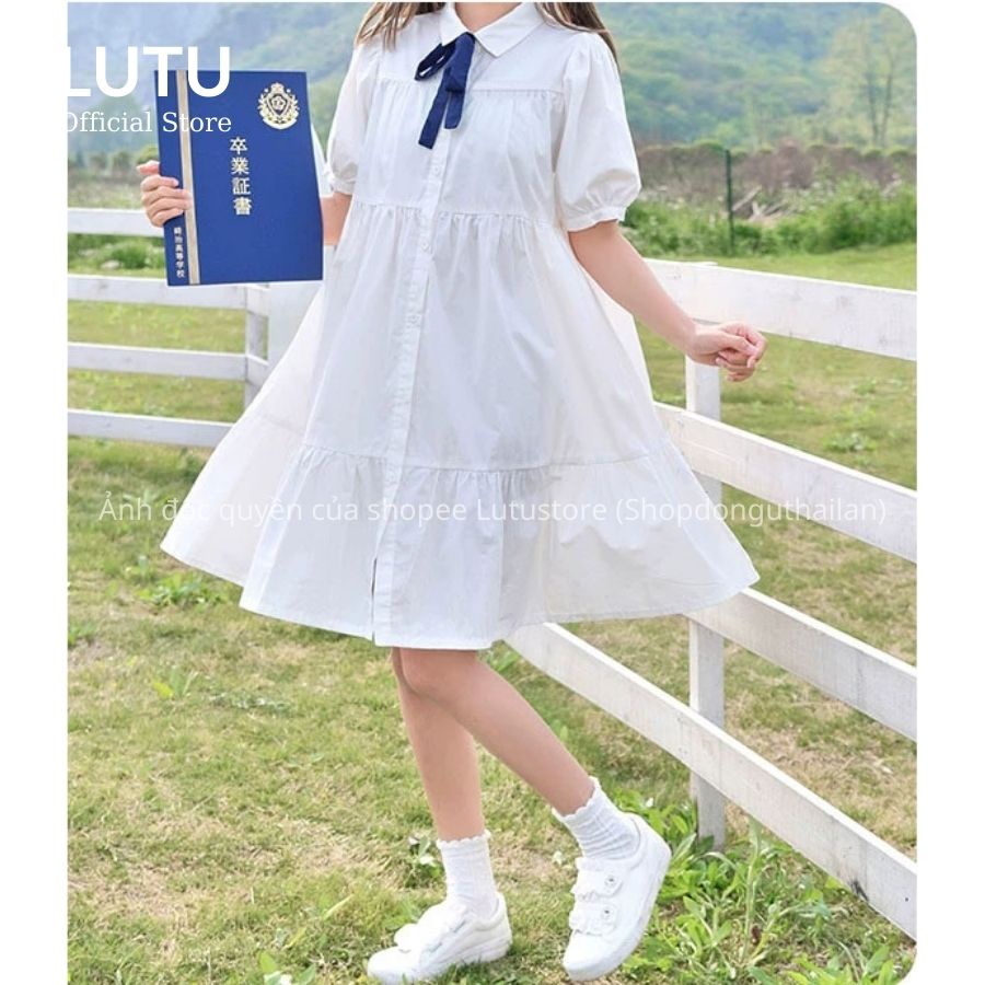 Váy Đầm Babydoll Xòe Tầng Sơ Mi Cổ Đức Kèm Nơ Siêu Xinh Chất Thô Mềm Cao Cấp
