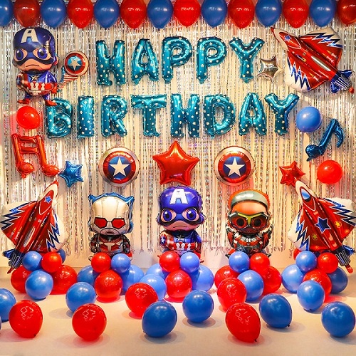 Set Bong Bóng Trang Trí Sinh Nhật Happy Birthday Chủ Đề Siêu Nhân Cho Bé Đầy Đủ Phụ Kiện Rèm Bơm Keo