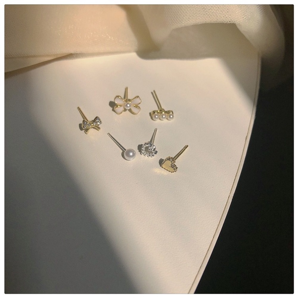 Set 6 Đôi Bông Tai Bạc S925 Hình Nơ Trái Tim Thời Trang Hàn Quốc Cho Nữ