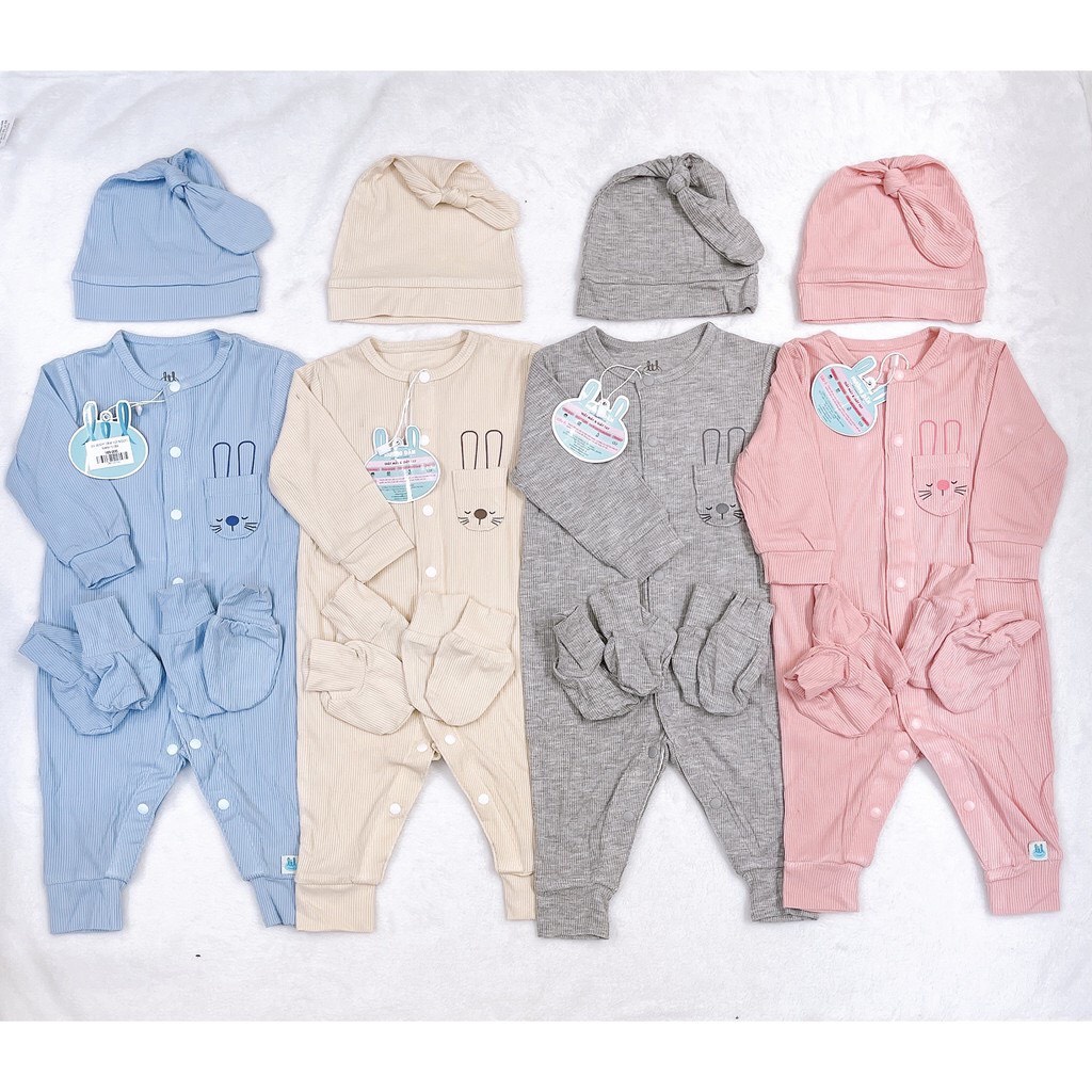 Lillte Love - Body dài tay vải tăm có túi cho bé từ sơ sinh đến 6 tháng ( Size 0.3M kèm phụ kiện mũ, bao tay bao chân )