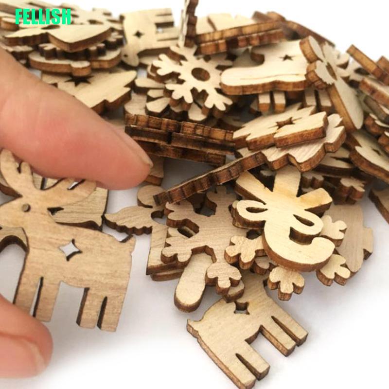 Bộ 50 Miếng Gỗ Trang Trí Giáng Sinh Hình Ông Già Noel / Tuần Lộc/ Cây Thông