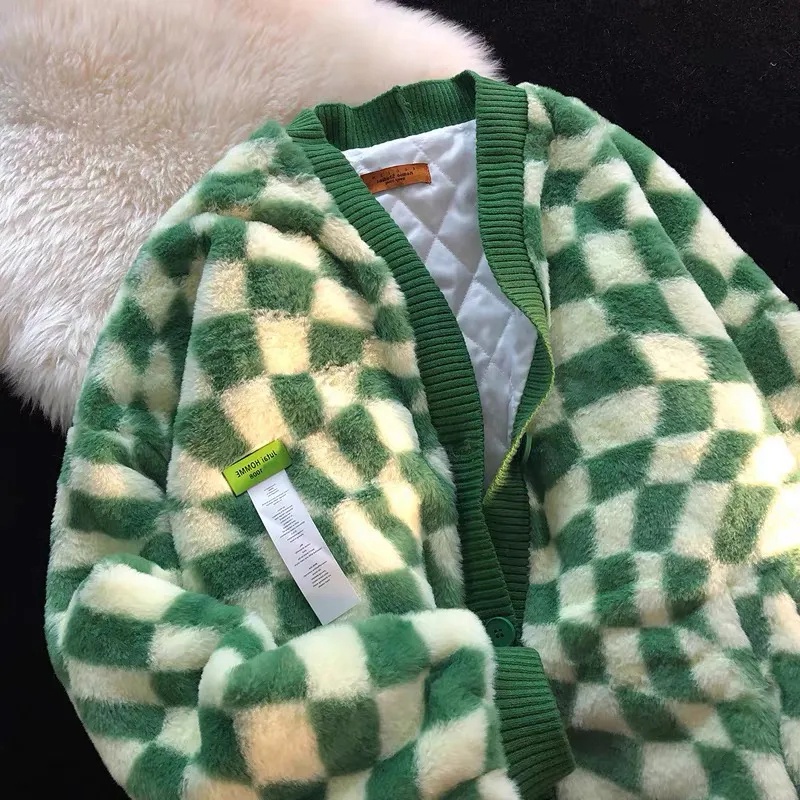 Áo Khoác Cardigan Lông Ấm Thu Đông Họa Tiết Kẻ Caro