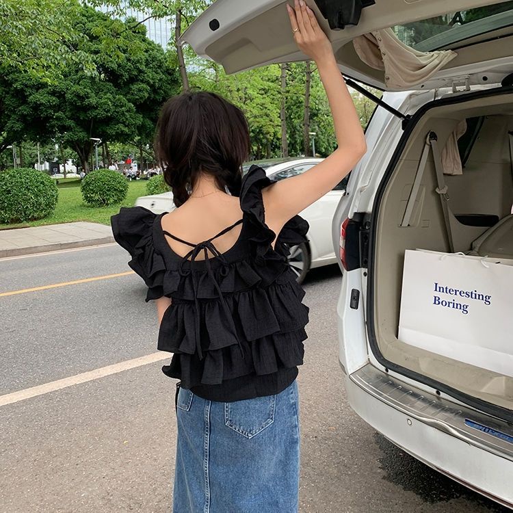 Jiashucheng Áo Sơ Mi Ngắn Cổ Vuông Tay Bèo Ngọt Ngào Đơn Giản Thời Trang Mùa Hè 2023 Phong Cách Mới