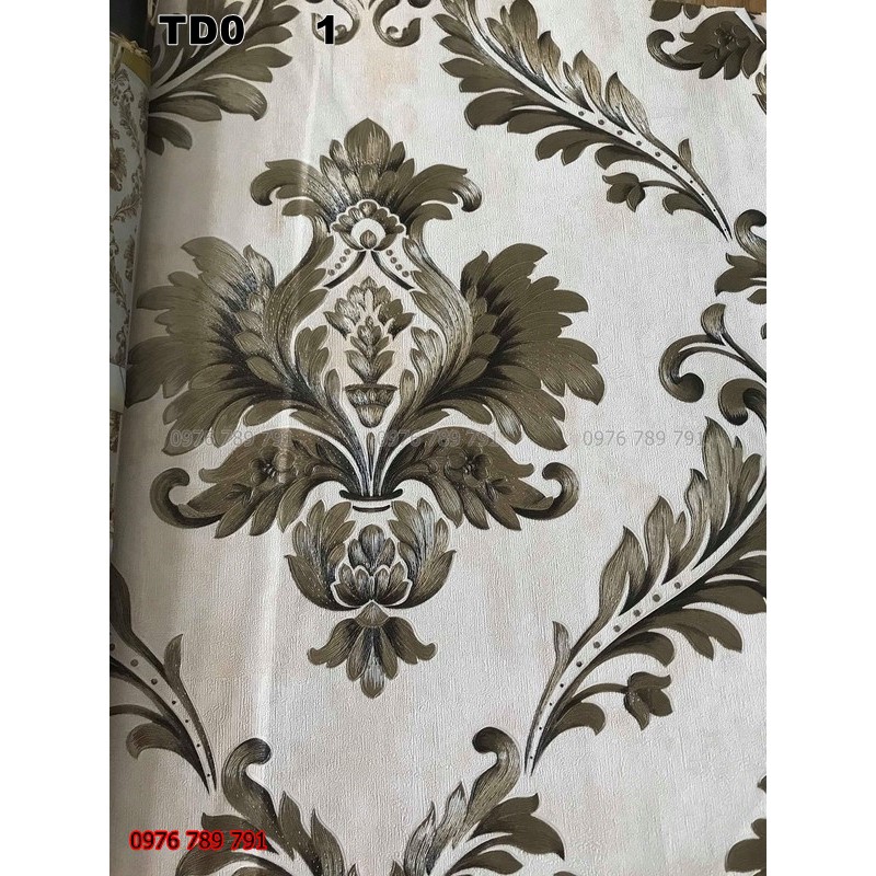 Giấy Dán Tường Hoa Văn Nổi Màu Nâu TD01 Cho Phòng Khách, Lụa Không Keo, Khổ 10m x 53 cm