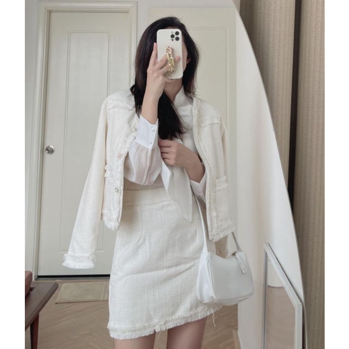 Set dạ tweed kim tuyến đỏ, trắng, đen 2 món