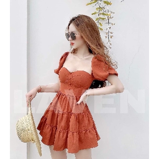 Đầm xòe cổ vuông tay phồng nhún bèo kèm mút
