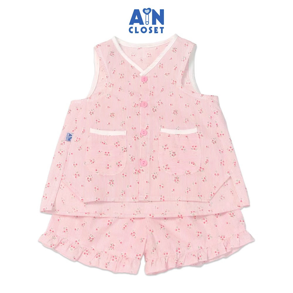 Bộ quần áo ngắn bé gái họa tiết Hoa nhí kẻ hồng cotton - AICDBG4WEOR4 - AIN Closet