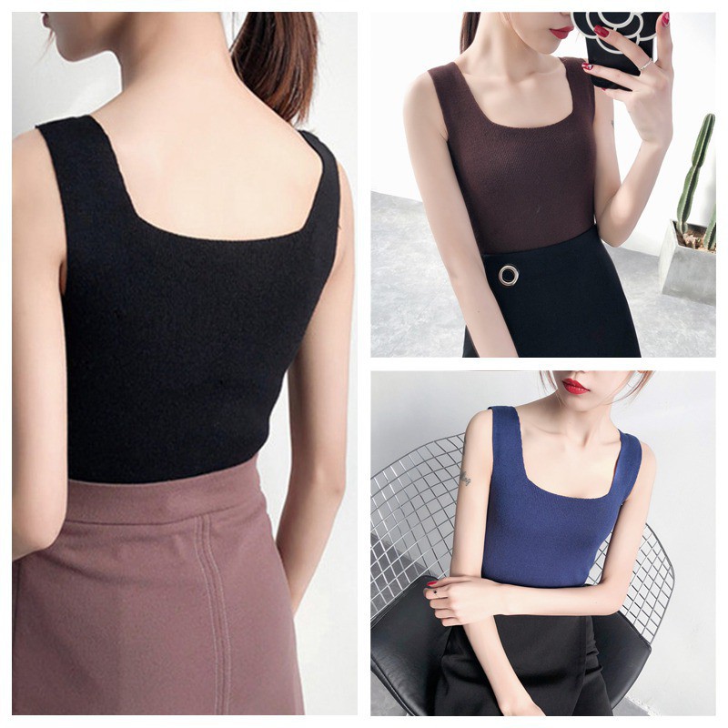 Áo sát nách dệt kim cổ chữ U không tay màu trơn dành cho nữ | BigBuy360 - bigbuy360.vn