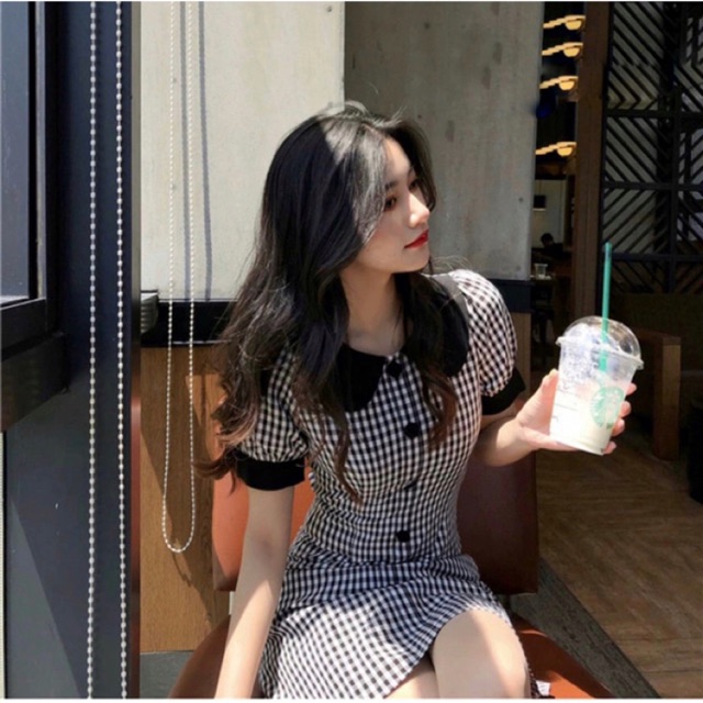 Đầm caro Blapink đầm cổ sen phối màu sọc caro phong cách dễ thương nhí nhảnh