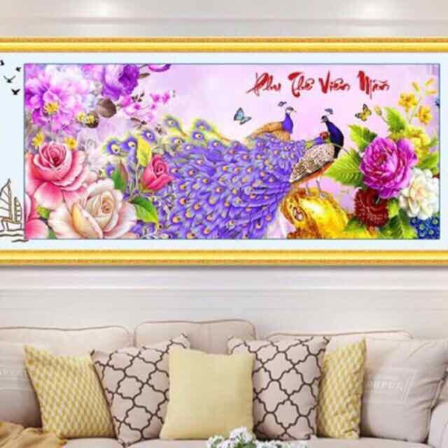 Tranh thêu chữ thập đôi chim công phu thê viên mãn 200x90 cm