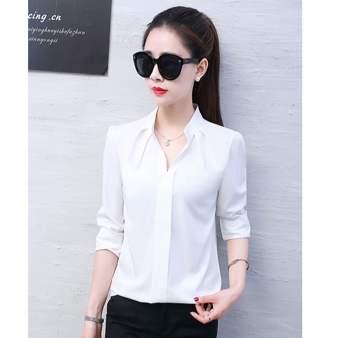 Sơ mi cổ tàu vải mịn đẹp, Sơ mi nữ công sở form rộng SM08