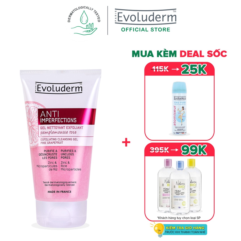 Gel tẩy tế bào chết và rửa mặt Evoluderm giúp che khuyết điểm, ngừa mụn đầu đen dành cho da dầu mụn 150ml