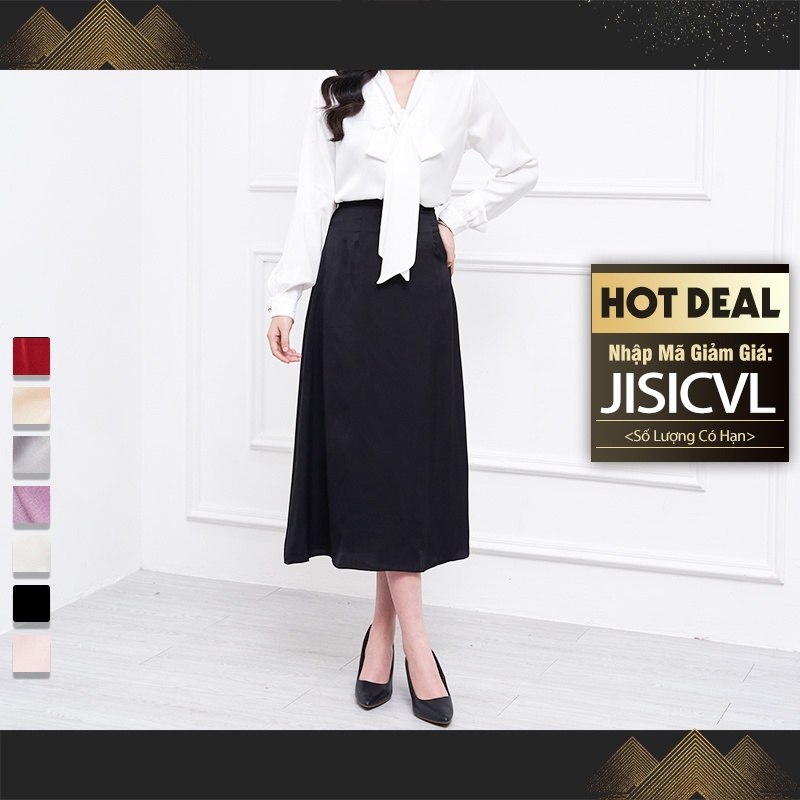 Chân váy công sở jisilk chữ a lưng cao dáng dài qua gối bigsize lụa midi Simplato L.CVD-01