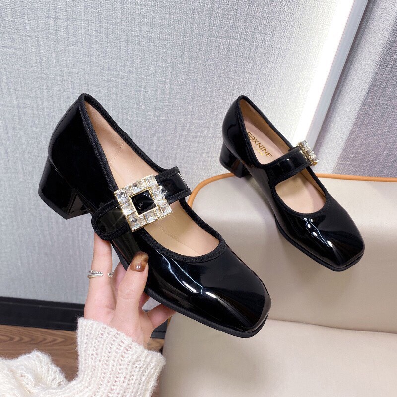 Giày búp bê 5 phân khuy đá dán ngang sườn và họa tiết đá trắng 779 G22