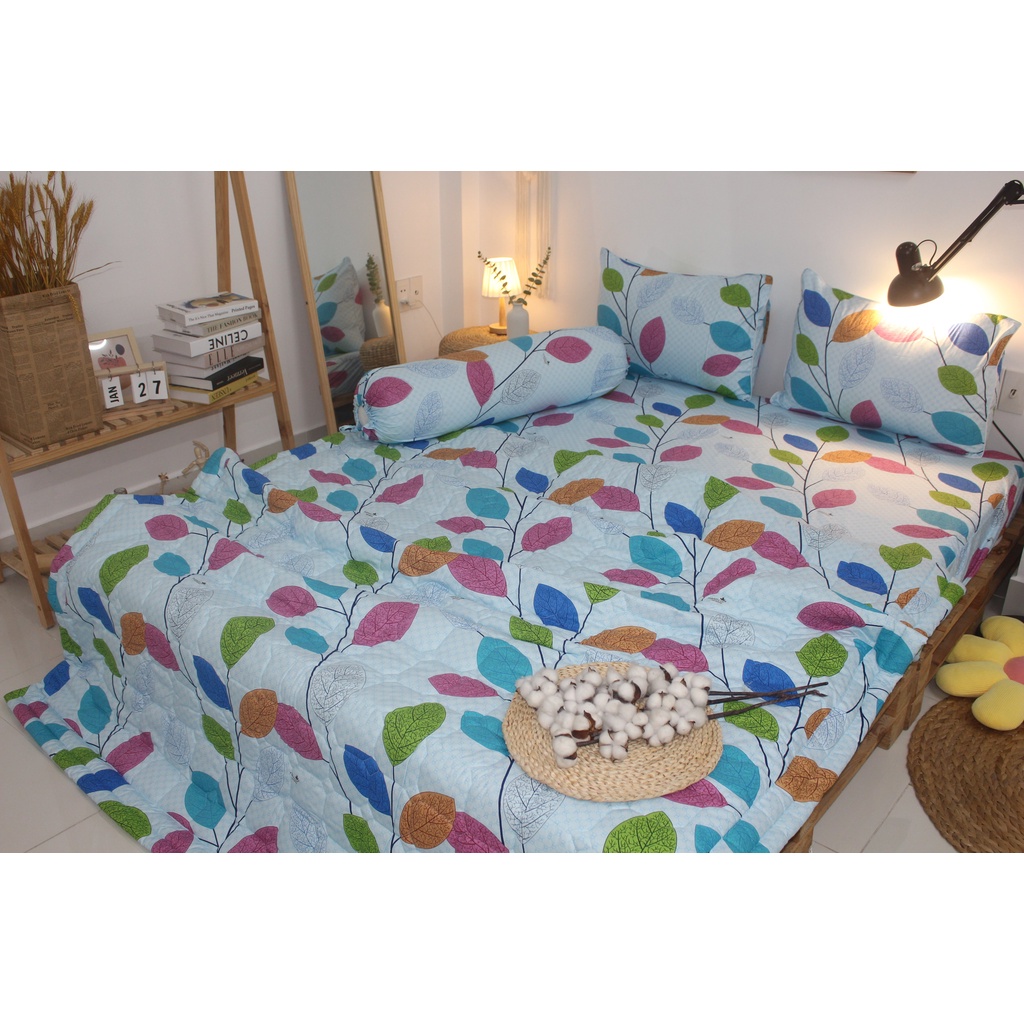 Bộ drap gối cotton TL - Lá Dây Nền Xanh- chất vải COTTON loại 1 dầy dặn, mềm mại, mát mẻ.