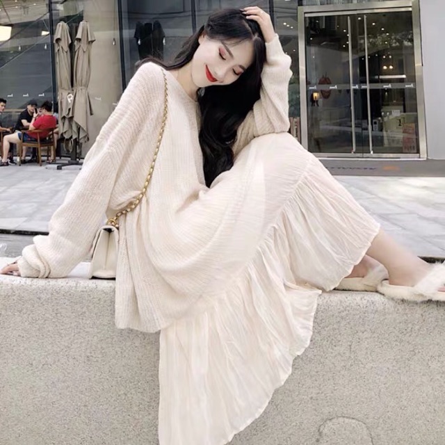 Set Áo Len + Váy hai dây lệch vai nhẹ nhành tiểu thư Style Hàn Ulzzang (Ảnh thật cuối)