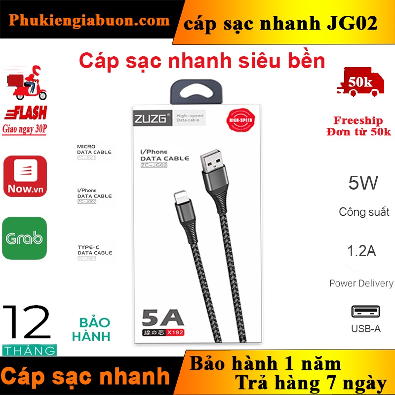 Cáp sạc nhanh siêu bền bọc dù 5A ZUZG bảo hành 12th