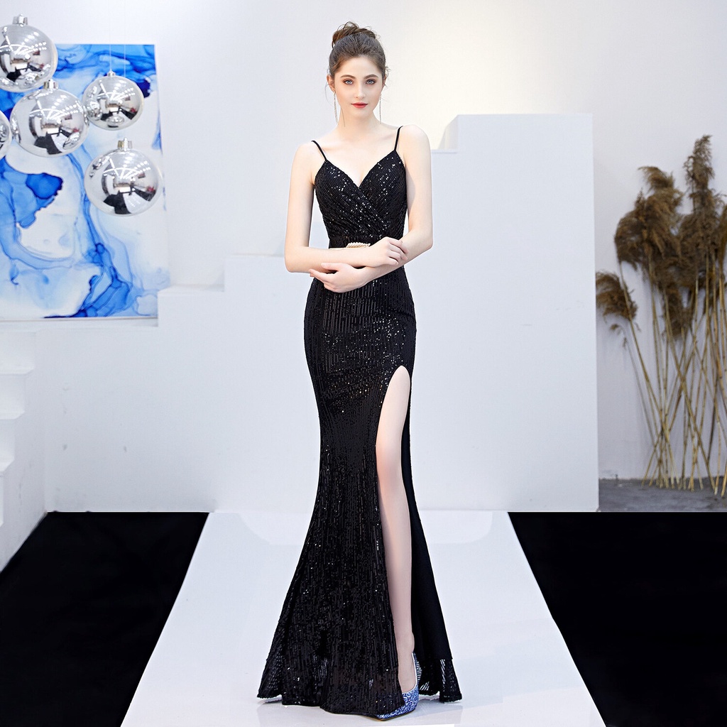 Đầm Dạ Hội Dài Đính Kim Sa Thanh Lịch Cho Nữ