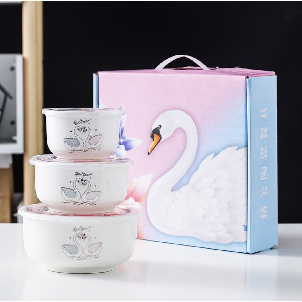 HOP8 - Bộ bát sứ có nắp hút chân không đựng cơm đựng canh thức ăn chống tràn giữ nhiệt để được trong lò vi sóng tiện lợi