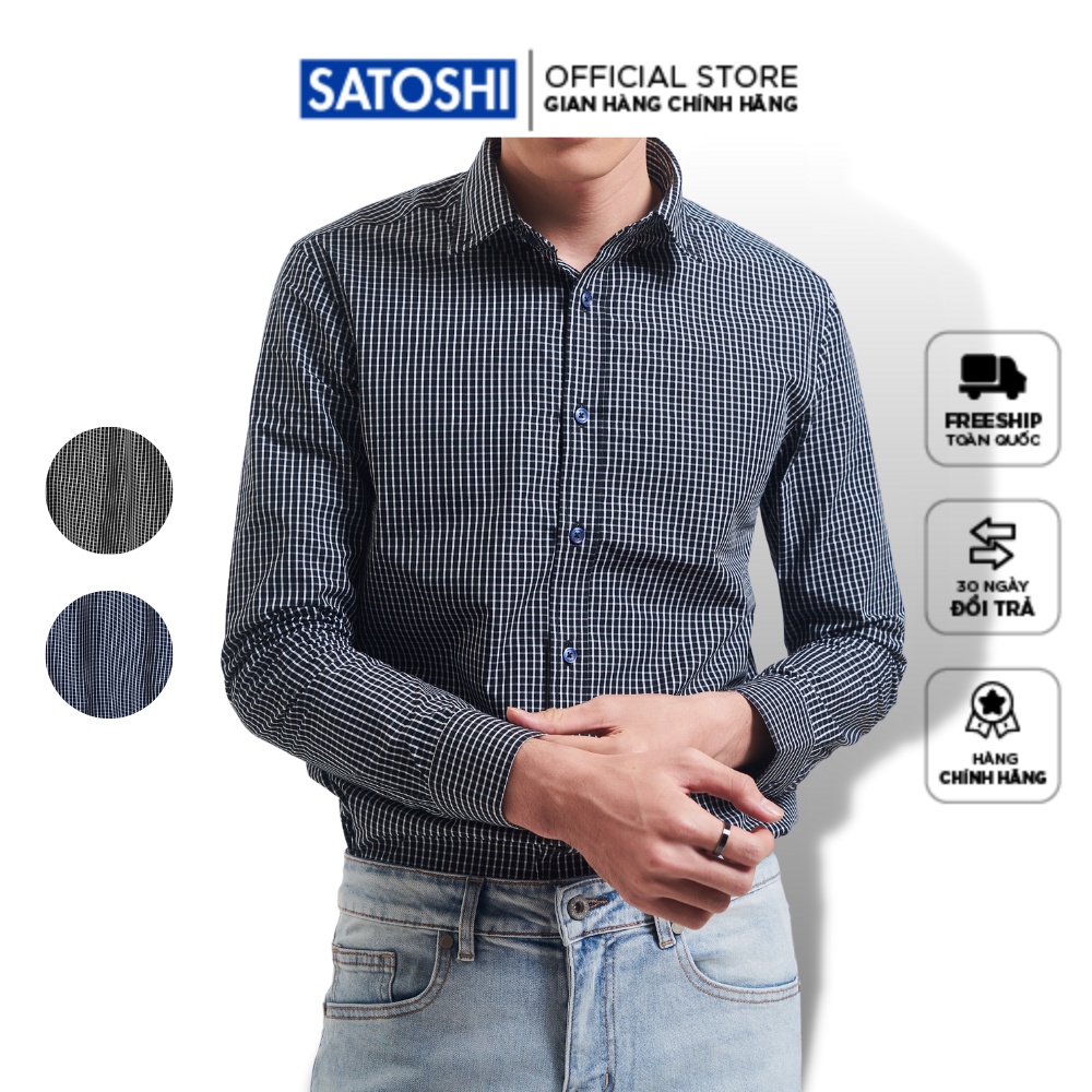 | Satoshi | Áo sơ mi nam SASM54 kiểu caro 2 màu đen/ xanh, chất cotton dày dặn, dáng slimfit, phong cách trẻ trung