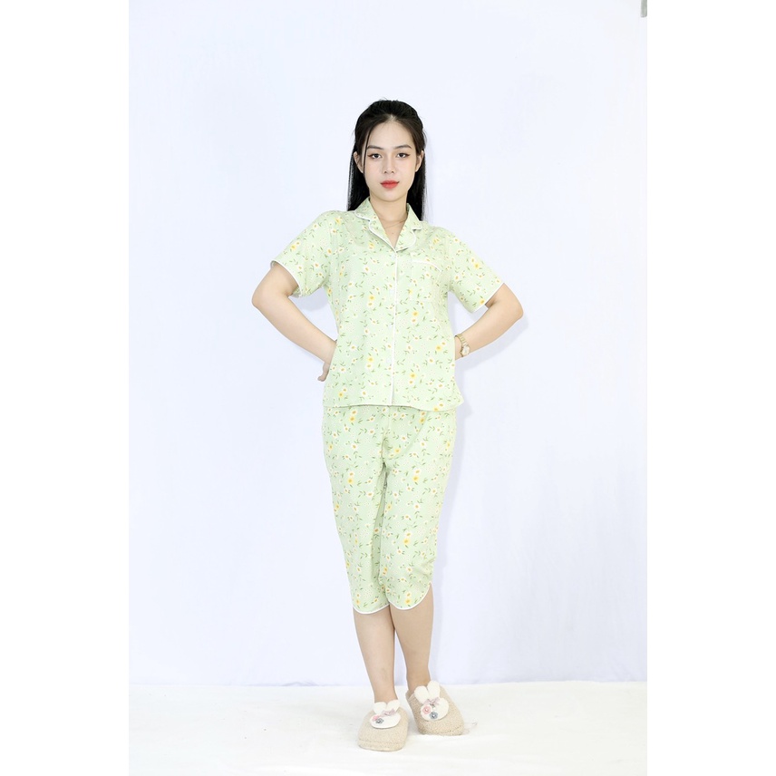 Đồ bộ nữ lửng L20 XANH MẠ pijama tay ngắn quần lửng in họa tiết HOA NHÍ MÙA THU cực Kì Sang Chảnh