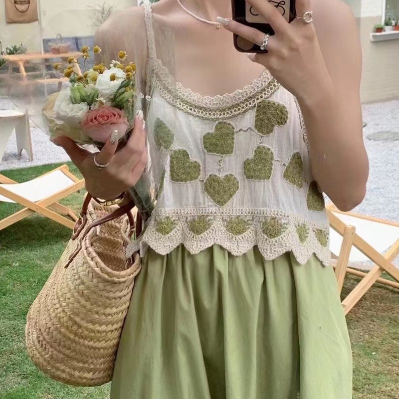 Brroa Áo Croptop Hai Dây Viền Ren Thêu Trái Tim Gợn Sóng Ngọt Ngào Mùa Hè Cho Nữ