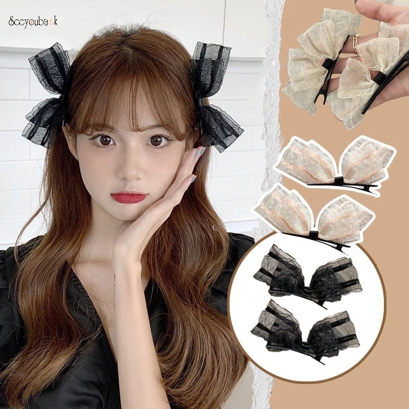 Set 2 Kẹp Tóc Hình Nơ Ren Phong Cách Hàn Quốc Ngọt Ngào Đơn Giản Dành Cho Nữ