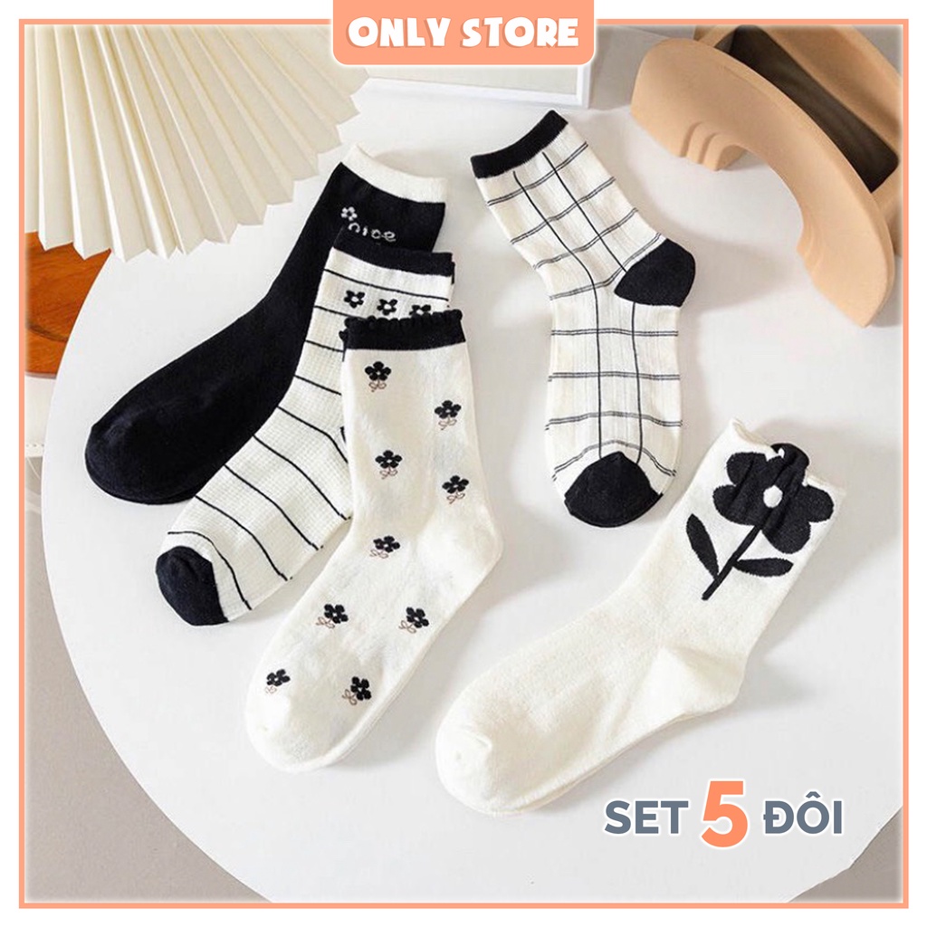 Tất nữ cổ cao vớ trắng chân dài họa tiết vintage vải dày thời trang hàn quốc set 5 đôi kèm túi đựng - Only Store