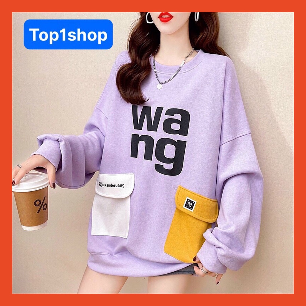 Áo Sweater nữ WANG tay dài form rộng thiết kế hai túi trước phối màu phong cách Hàn Quốc,chất liệu nỉ bông cao cấp 2022 | BigBuy360 - bigbuy360.vn