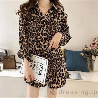 Áo sơ mi nữ da beo nâu tay dài oversize - Order taobao quảng châu