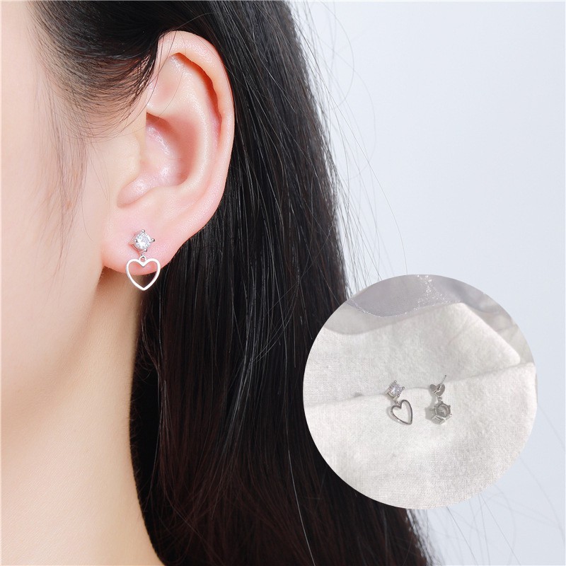 Bông Tai Bạc S925 Trái Tim Đôi Kết Đá CZ Bất Đối Xứng Dễ Thương | Khuyên Tai Nữ Trang Sức Bạc