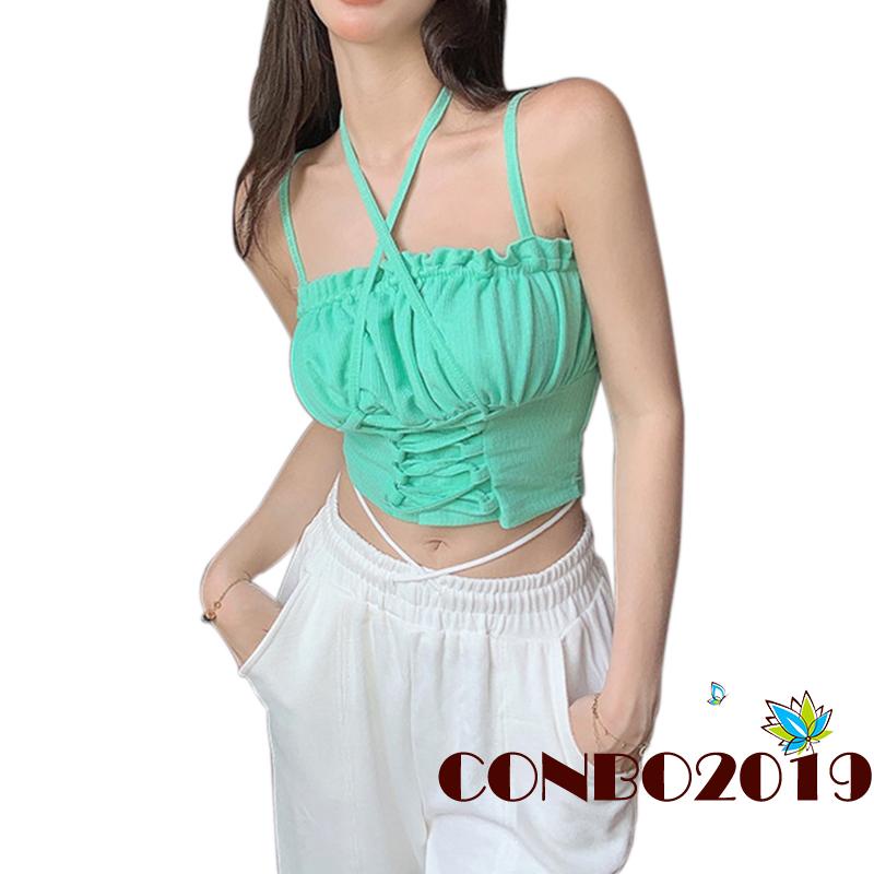 Áo hai dây Cổ Thuyền Hở Rốn Màu Trơn Thời Trang Gợi Cảm Cho Nữ