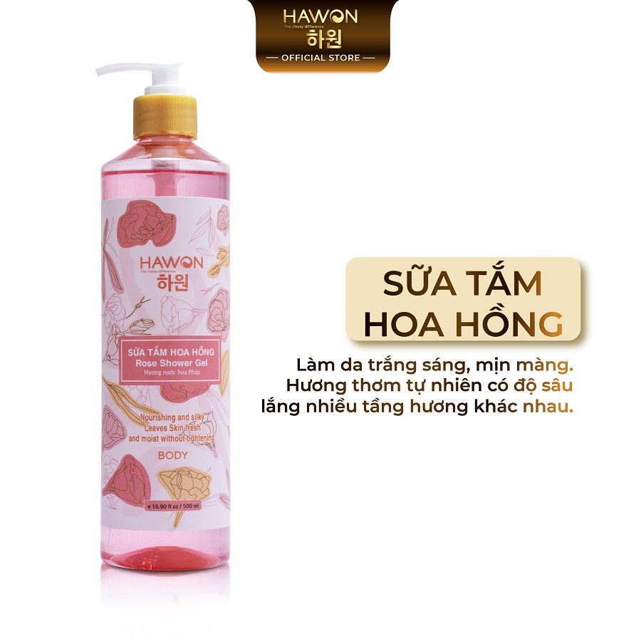 Sữa Tắm Dưỡng Mịn Da Hương Hoa Hồng Cao Cấp HAWON - 500ml