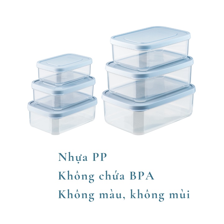 Bộ 3 hộp nhựa Inochi Hokkaido vuông 500-1000-2000ml, đựng đồ ăn, cơm văn phòng, bảo quản thực phẩm, Vạn Phúc
