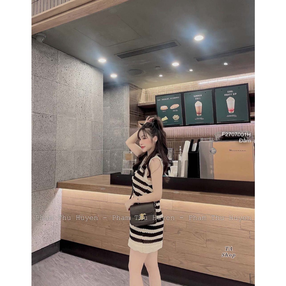 Đầm len dáng ngắn sọc đục lỗ cổ tròn sát nách hàng QC!