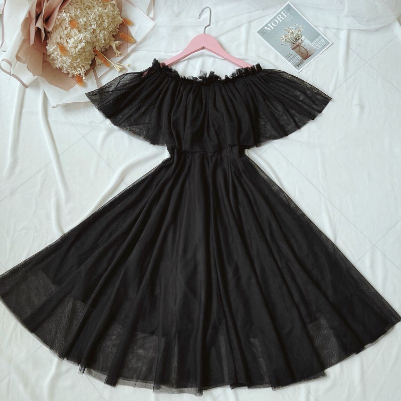 Đầm bẹt vai công chúa lưới kèm ảnh thật