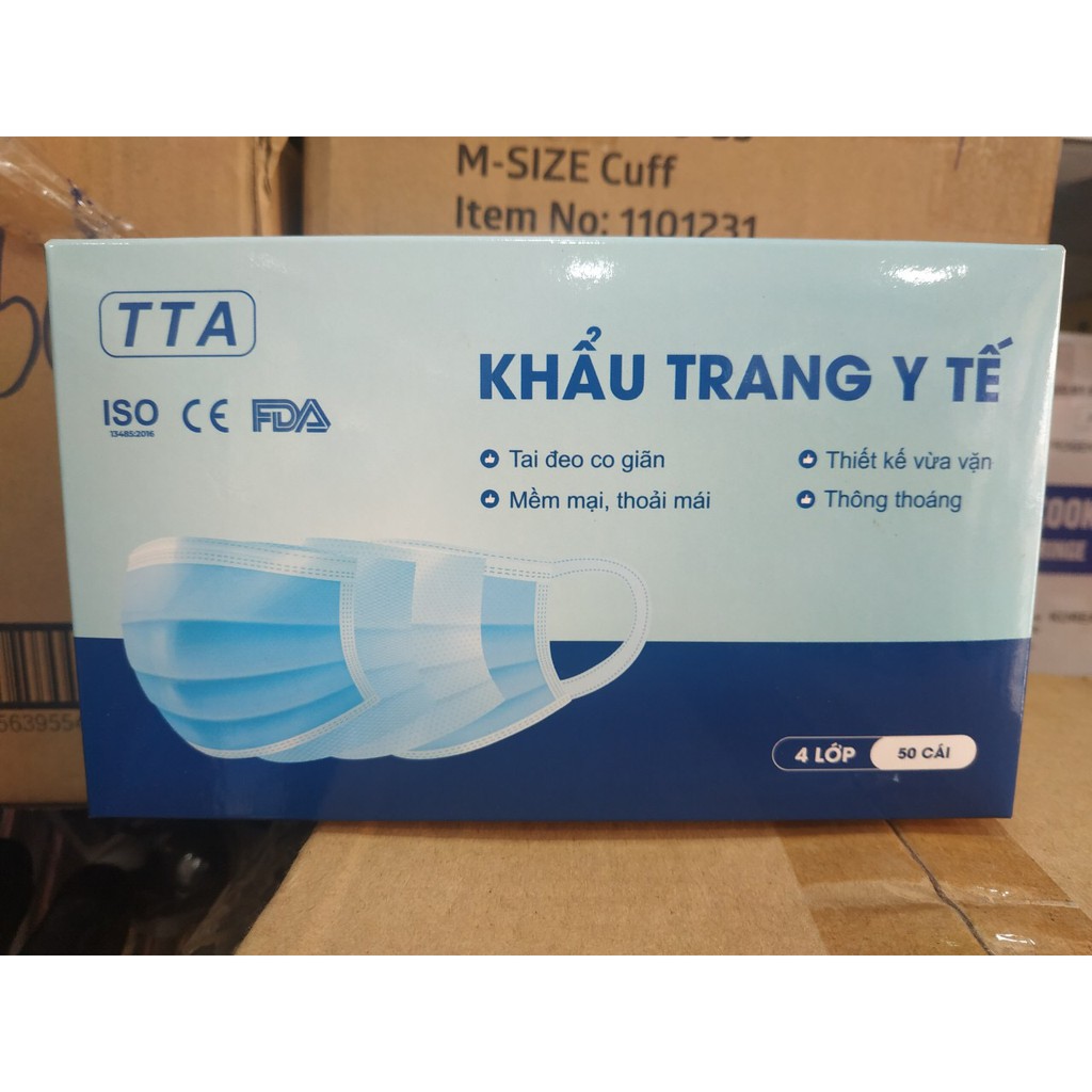 Hộp 50 cái Khẩu trang y tế 4 lớp TTA Quai mềm không đau - Number one ( Màu xanh )