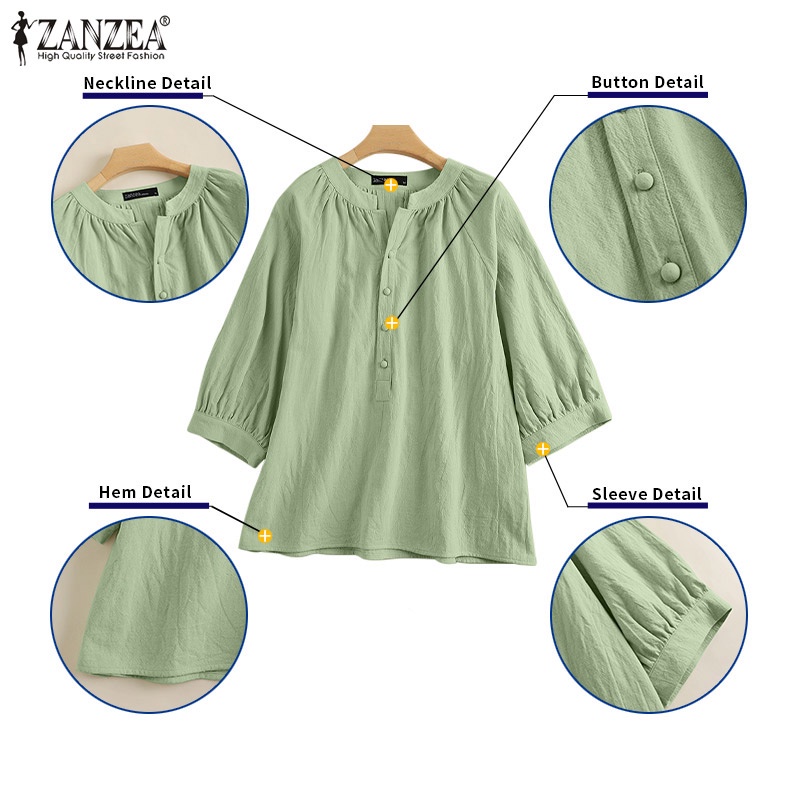 Áo kiểu ZANZEA tay lửng cổ tròn xếp ly thời trang dành cho nữ