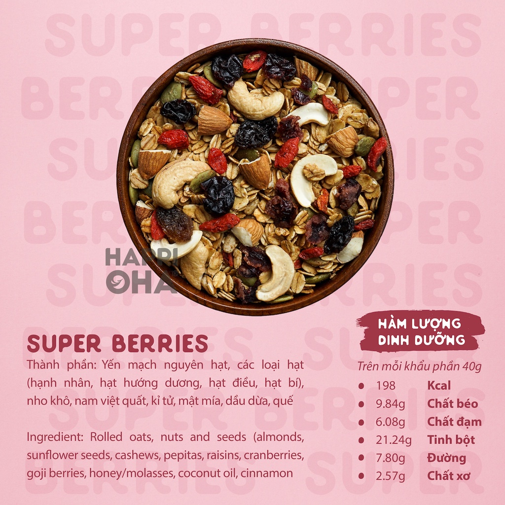 Granola Super Berries HAPPI OHA - Ngũ Cốc Ăn Sáng/Ngũ Cốc Ăn Kiêng Không Đường Tinh Luyện Vị 8 Loại Hạt Trái 40g