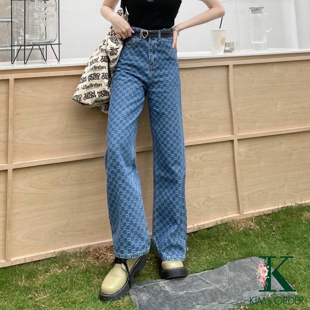 Quần jean nữ G.C ống rộng cạp cao hoạ tiết màu xanh hàng Loại 1 Quảng Châu đủ size phom rộng cá tính năng động dài
