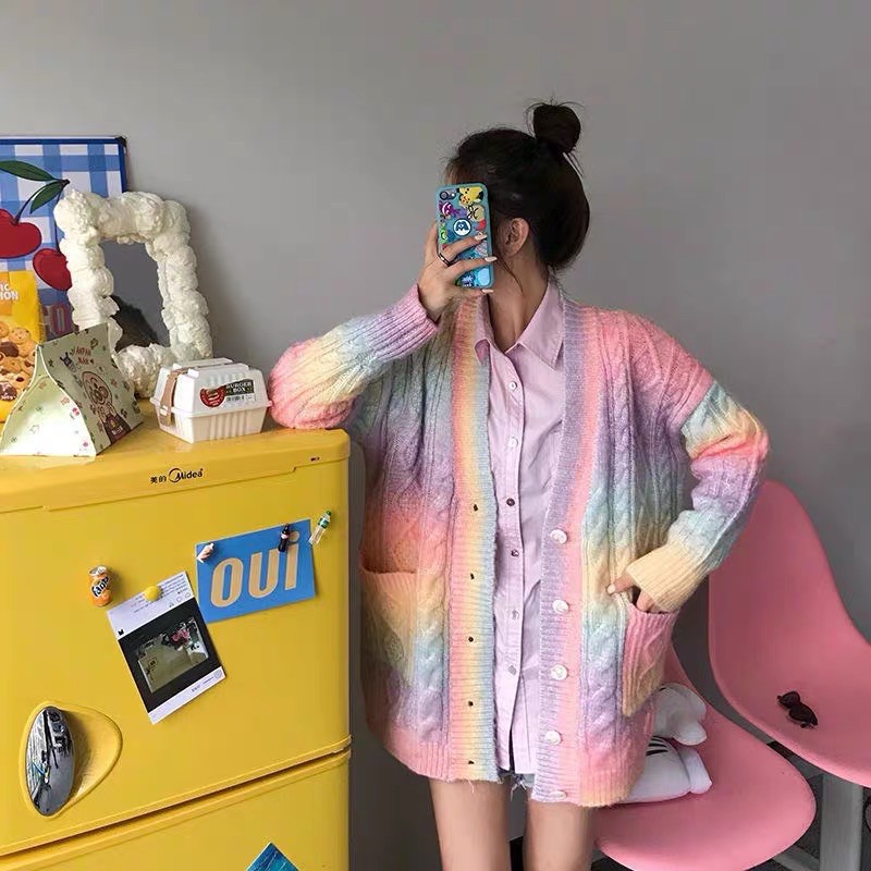Áo khoác len cardigan dài tay màu cầu vồng Rainbow phong cách ulzzang SAM SAM BOUTIQUE