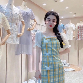 Đầm Sườn Xám Tay Phồng Đính Nút Bướm Thời Trang Nữ Dễ Thương