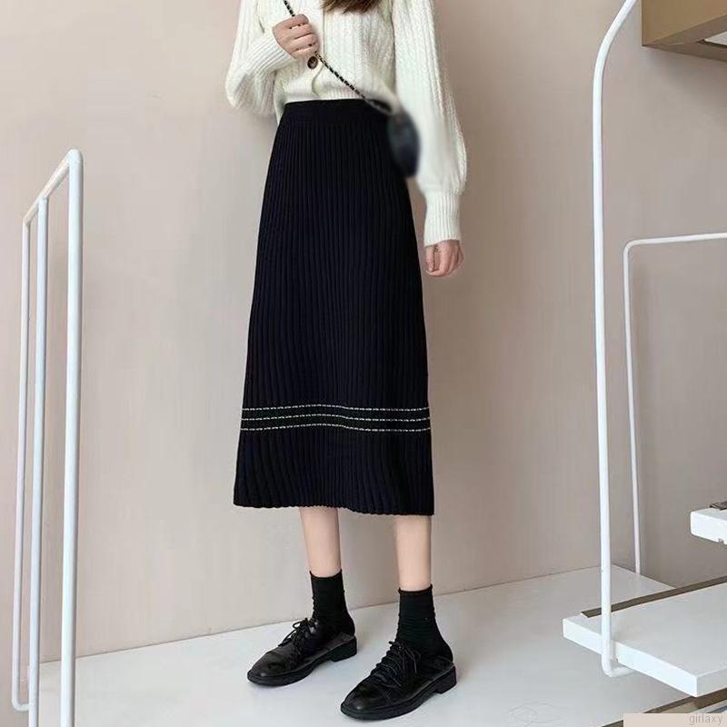 Chân váy midi dài lưng cao phối kẻ sọc phong cách retro Hàn Quốc cho nữ